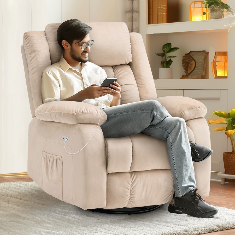 Advwin Electric Recliner Chair, Massage Rocker Recliner with Heat and Vibration Manual Reclining Chair for Home Theater Seating (Beige)