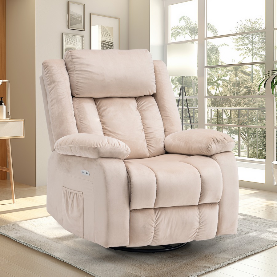Advwin Electric Recliner Chair, Massage Rocker Recliner with Heat and Vibration Manual Reclining Chair for Home Theater Seating (Beige)