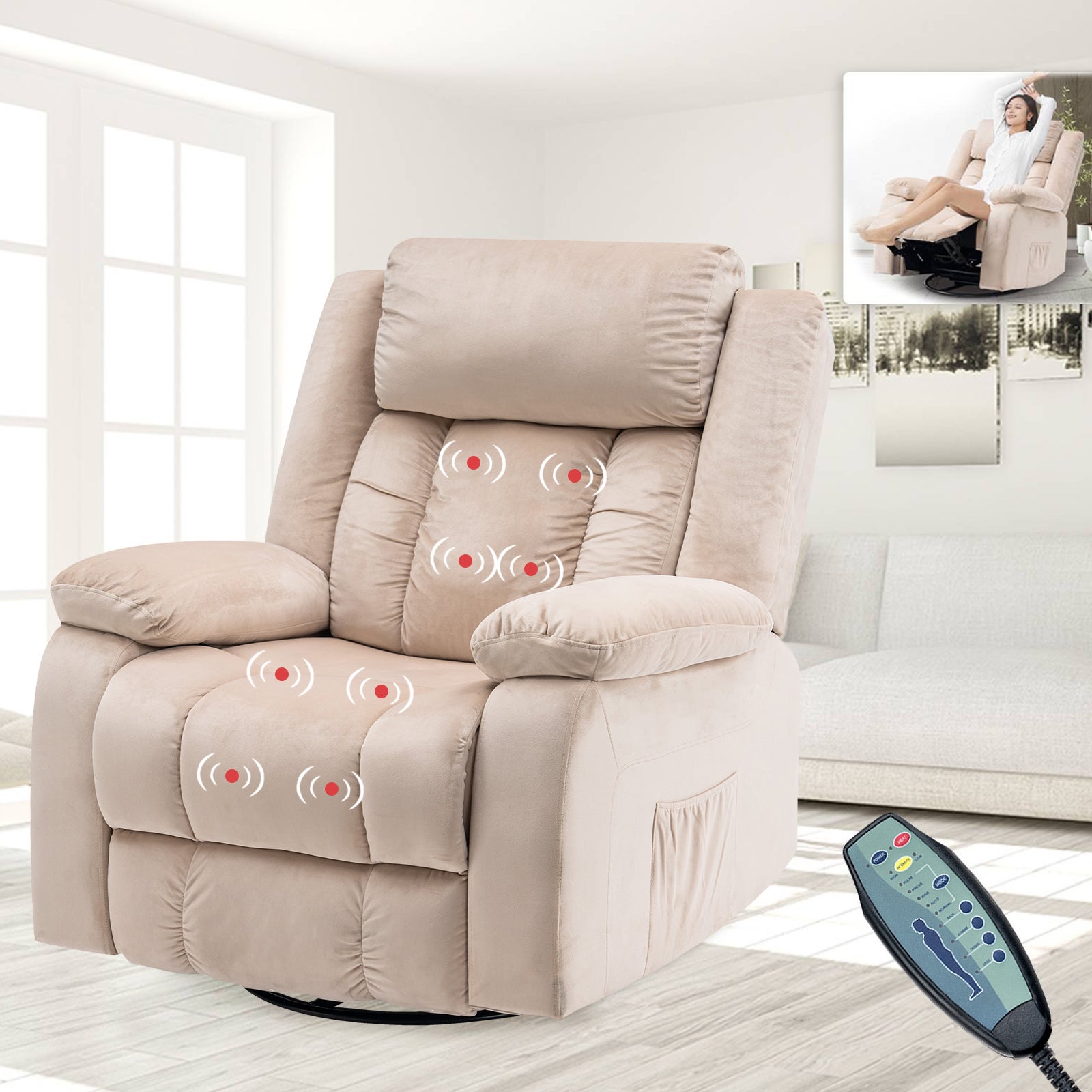 Electric Recliner Chair, Massage Recliner with Heat and Vibration Manual Reclining Chair(360 degree Rotate Base,Beige)