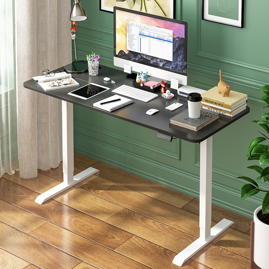 Advwin Electric Standing Desk Adjustable Height Ergonomic Sit Stand up Desk 120cm Black Splice Board Table Top+White Frame