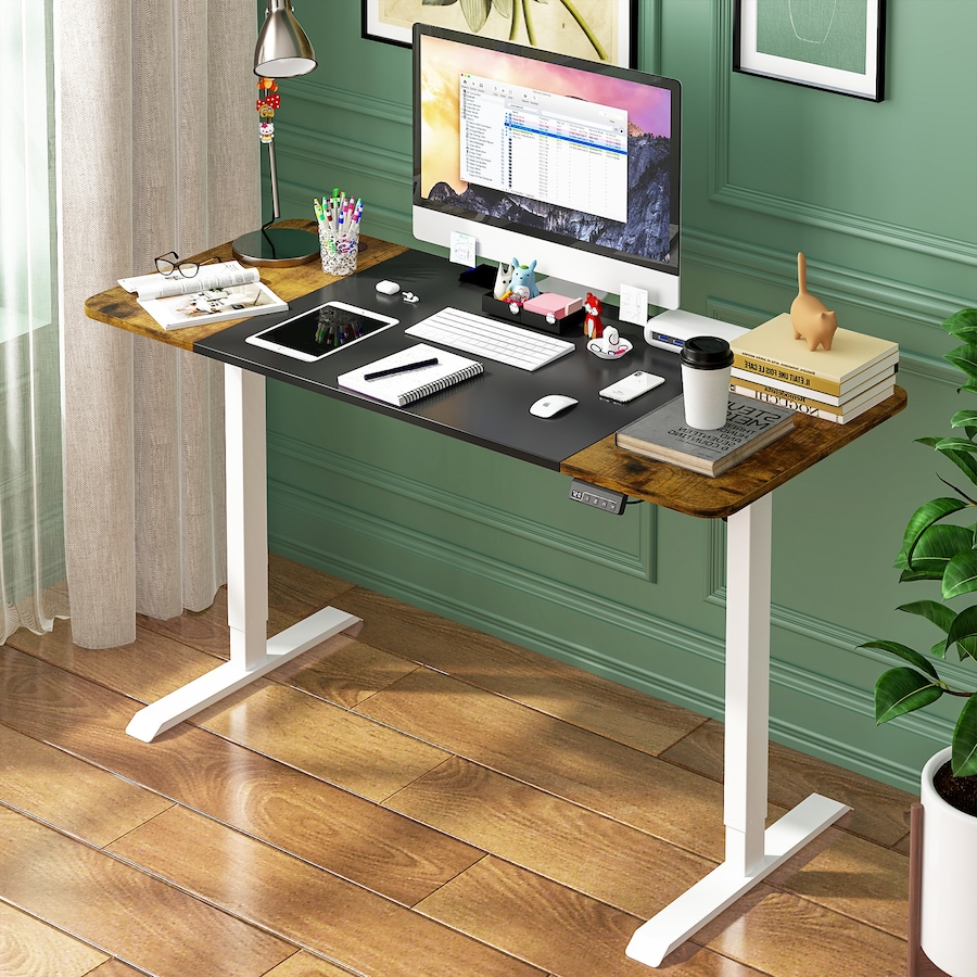 Advwin Electric Standing Desk Adjustable Height Ergonomic Sit Stand up Desk 140cm Black+Walnut Splice Board Table Top+White Frame