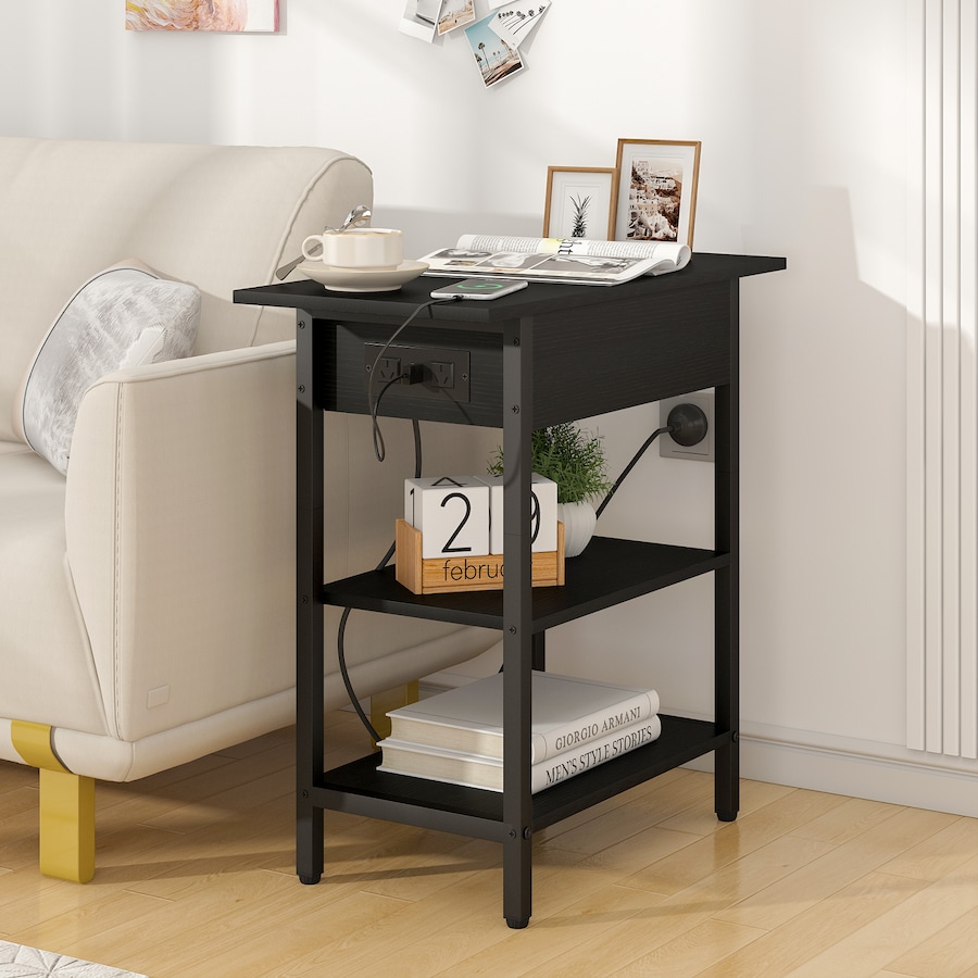 Advwin Side Table Flip Top Narrow Bedside Table w/ Charging Station Sofa End Table Black