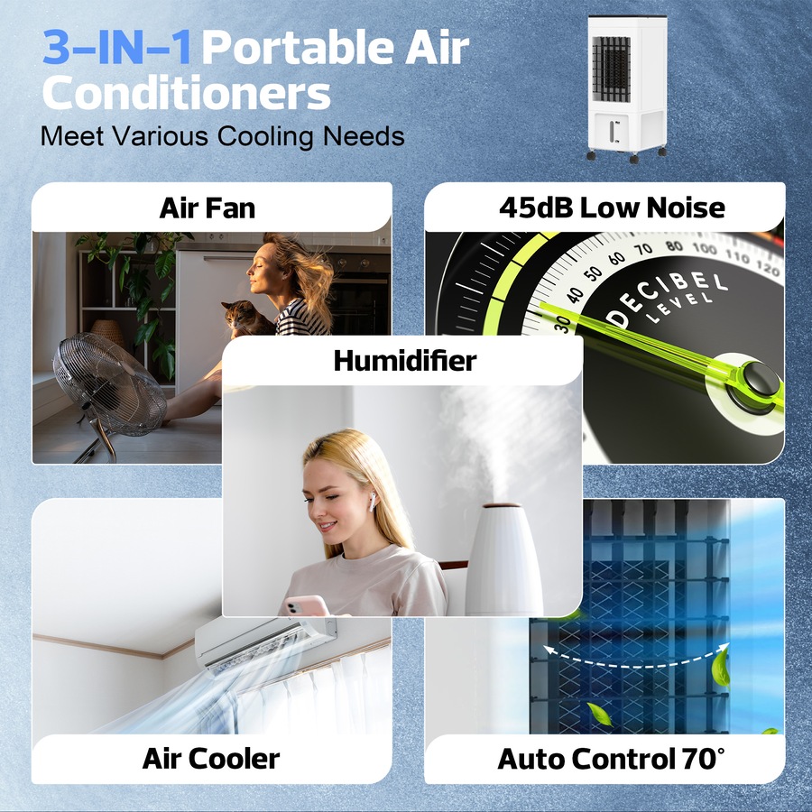 Advwin Evaporative Air Cooler, 3 in 1 Portable Air Cooler Fan with 8L Water Tank, 4 Ice Crystal Box, 3 Speed for Bedroom Home Office