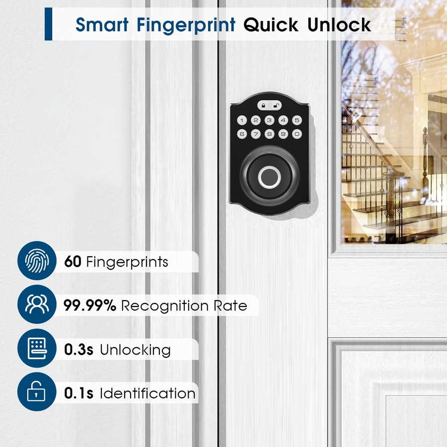 Advwin Fingerprint Smart Door Lock, Keyless Entry Door Lock, Easy Installation, Biometric Smart Locks for Front Door, Black
