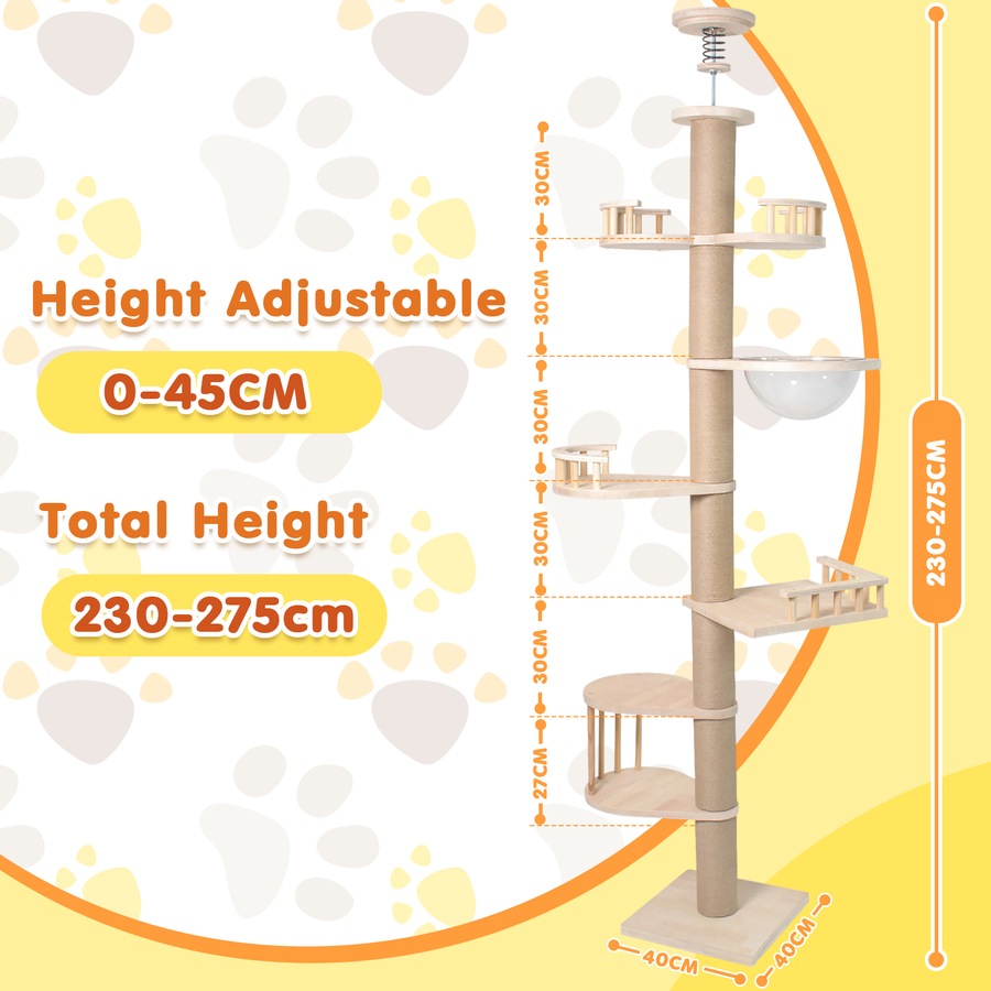 Advwin Floor to Ceiling Cat Tree Tall Cat Tower, Adjustable Height (230-275cm), 6 Tiers Cat Scratching Post Natural Sisal Rope Cat Tree Cat Modern Activity Tree for Indoor Cats