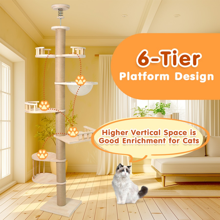 Advwin Floor to Ceiling Cat Tree Tall Cat Tower, Adjustable Height (230-275cm), 6 Tiers Cat Scratching Post Natural Sisal Rope Cat Tree Cat Modern Activity Tree for Indoor Cats