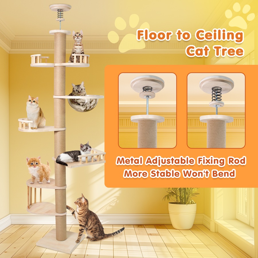 Advwin Floor to Ceiling Cat Tree Tall Cat Tower, Adjustable Height (230-275cm), 6 Tiers Cat Scratching Post Natural Sisal Rope Cat Tree Cat Modern Activity Tree for Indoor Cats