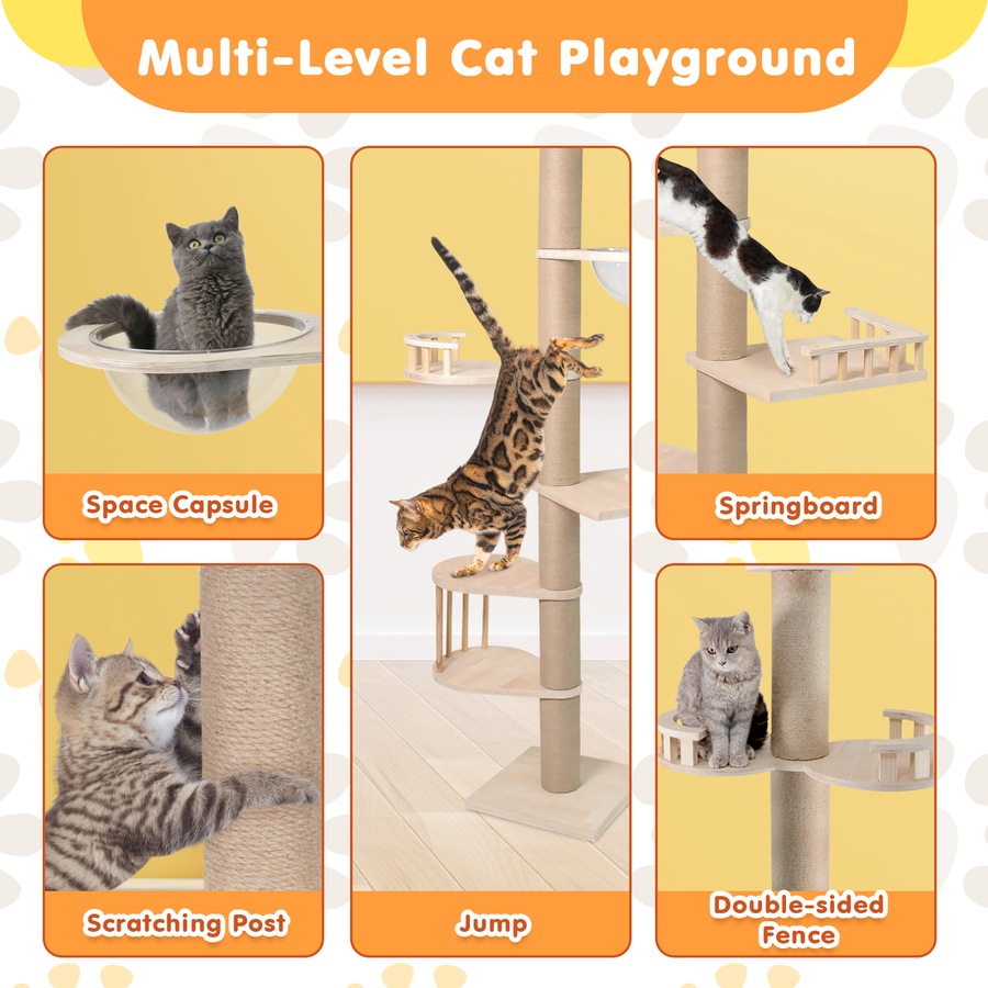 Advwin Floor to Ceiling Cat Tree Tall Cat Tower, Adjustable Height (230-275cm), 6 Tiers Cat Scratching Post Natural Sisal Rope Cat Tree Cat Modern Activity Tree for Indoor Cats
