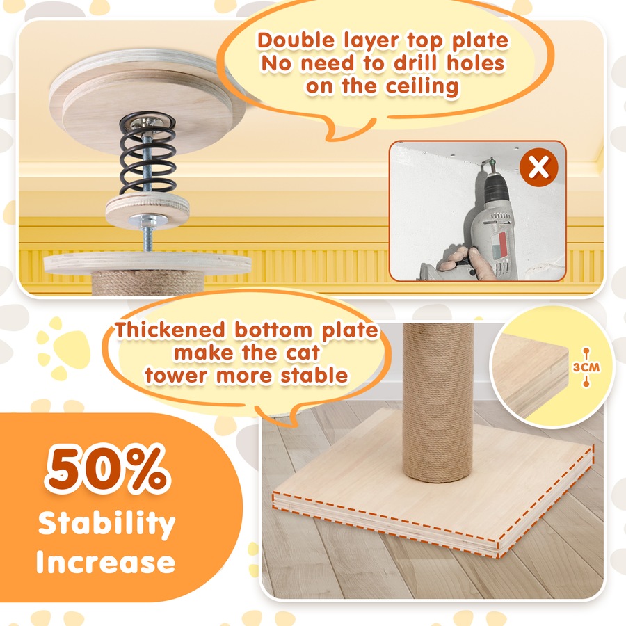 Advwin Floor to Ceiling Cat Tree Tall Cat Tower, Adjustable Height (230-275cm), 6 Tiers Cat Scratching Post Natural Sisal Rope Cat Tree Cat Modern Activity Tree for Indoor Cats