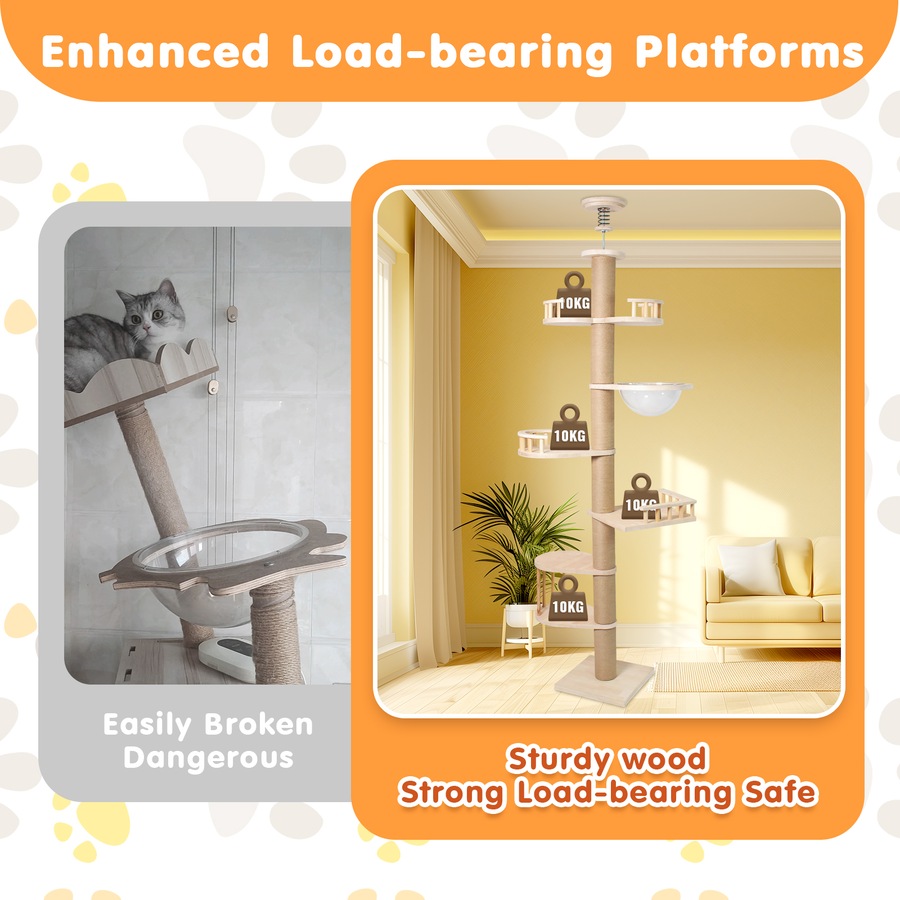 Advwin Floor to Ceiling Cat Tree Tall Cat Tower, Adjustable Height (230-275cm), 6 Tiers Cat Scratching Post Natural Sisal Rope Cat Tree Cat Modern Activity Tree for Indoor Cats