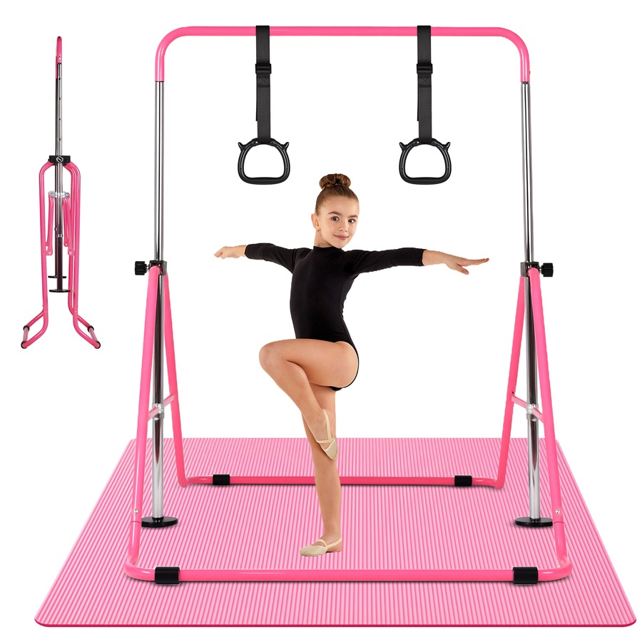 Advwin Foldable Gymnastics Bar, Expandable Horizontal Bars with Mat & Rings, Adjustable Height Junior Training Bar Monkey Kip Bar for Kids, 70KG Max Load, Pink