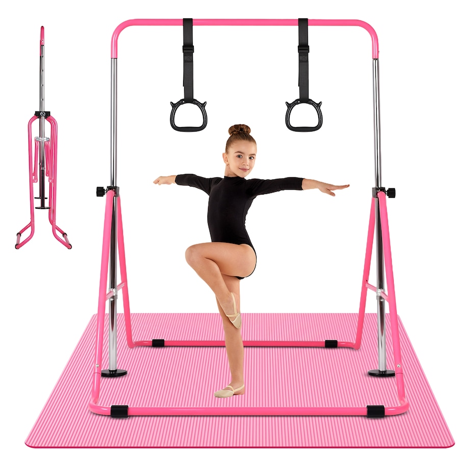 Advwin Foldable Gymnastics Bar, Expandable Horizontal Bars with Mat & Rings, Adjustable Height Junior Training Bar Monkey Kip Bar for Kids, 70KG Max Load, Pink
