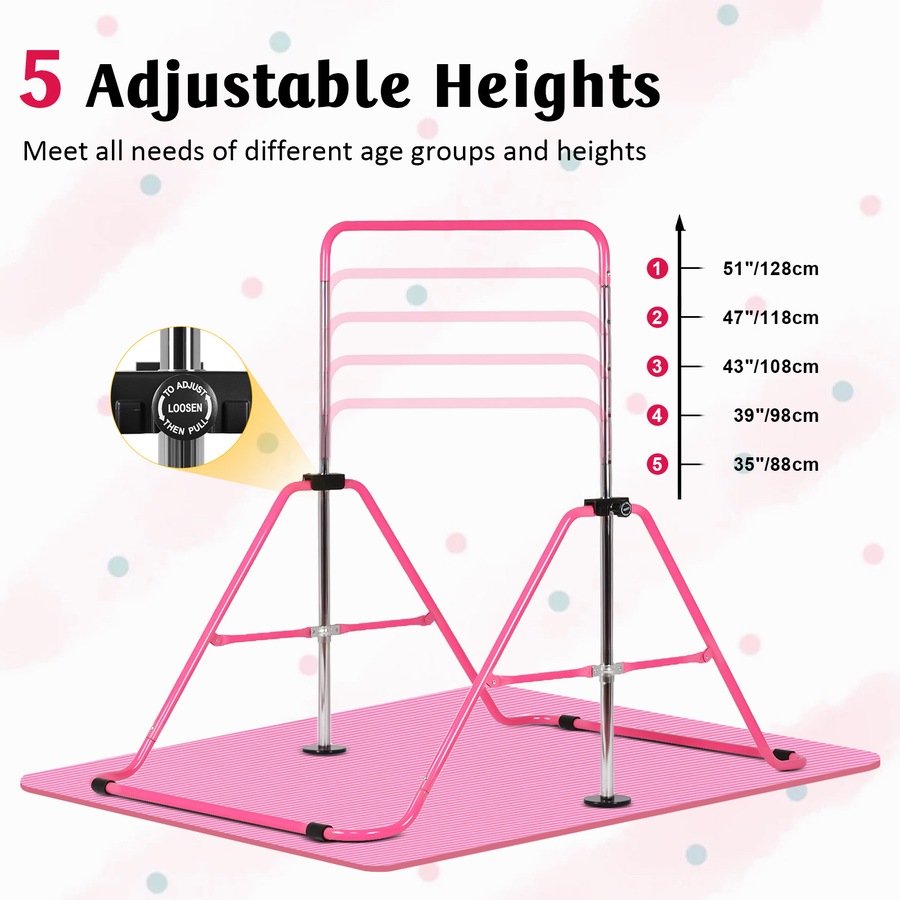 Advwin Foldable Gymnastics Bar, Expandable Horizontal Bars with Mat & Rings, Adjustable Height Junior Training Bar Monkey Kip Bar for Kids, 70KG Max Load, Pink