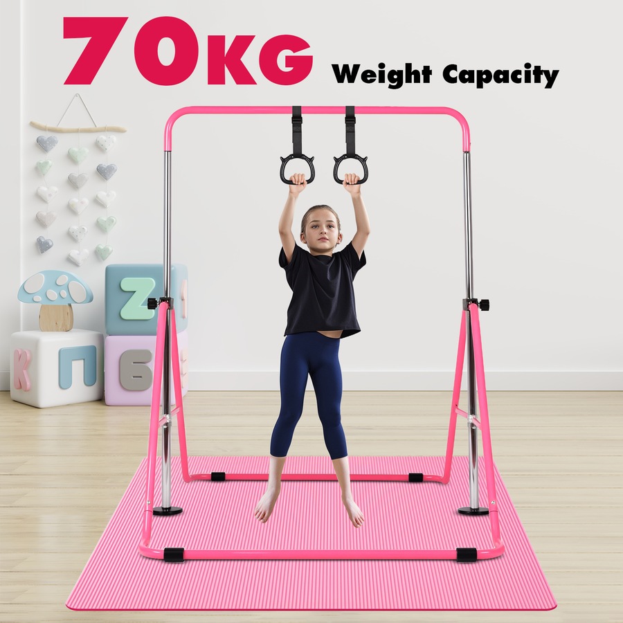 Advwin Foldable Gymnastics Bar, Expandable Horizontal Bars with Mat & Rings, Adjustable Height Junior Training Bar Monkey Kip Bar for Kids, 70KG Max Load, Pink