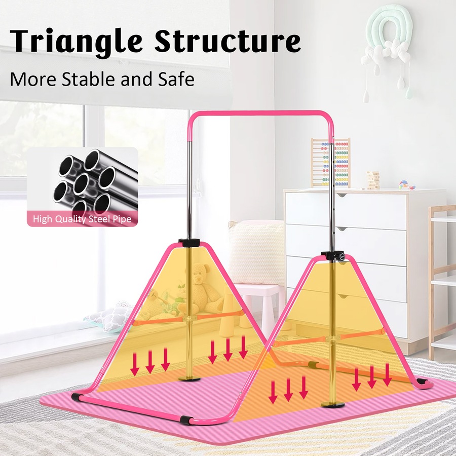 Advwin Foldable Gymnastics Bar, Expandable Horizontal Bars with Mat & Rings, Adjustable Height Junior Training Bar Monkey Kip Bar for Kids, 70KG Max Load, Pink
