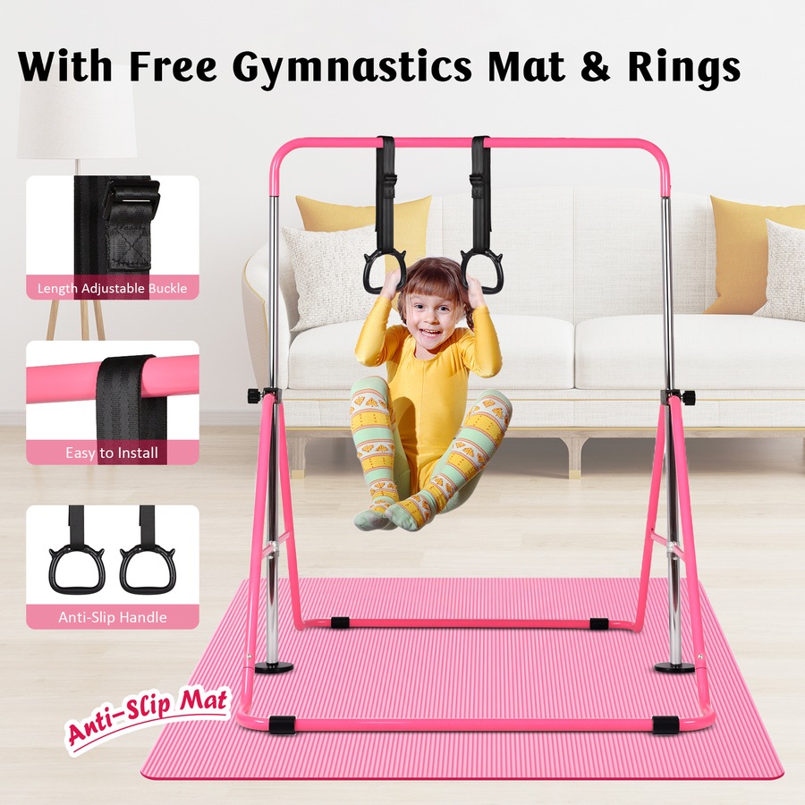 Advwin Foldable Gymnastics Bar, Expandable Horizontal Bars with Mat & Rings, Adjustable Height Junior Training Bar Monkey Kip Bar for Kids, 70KG Max Load, Pink