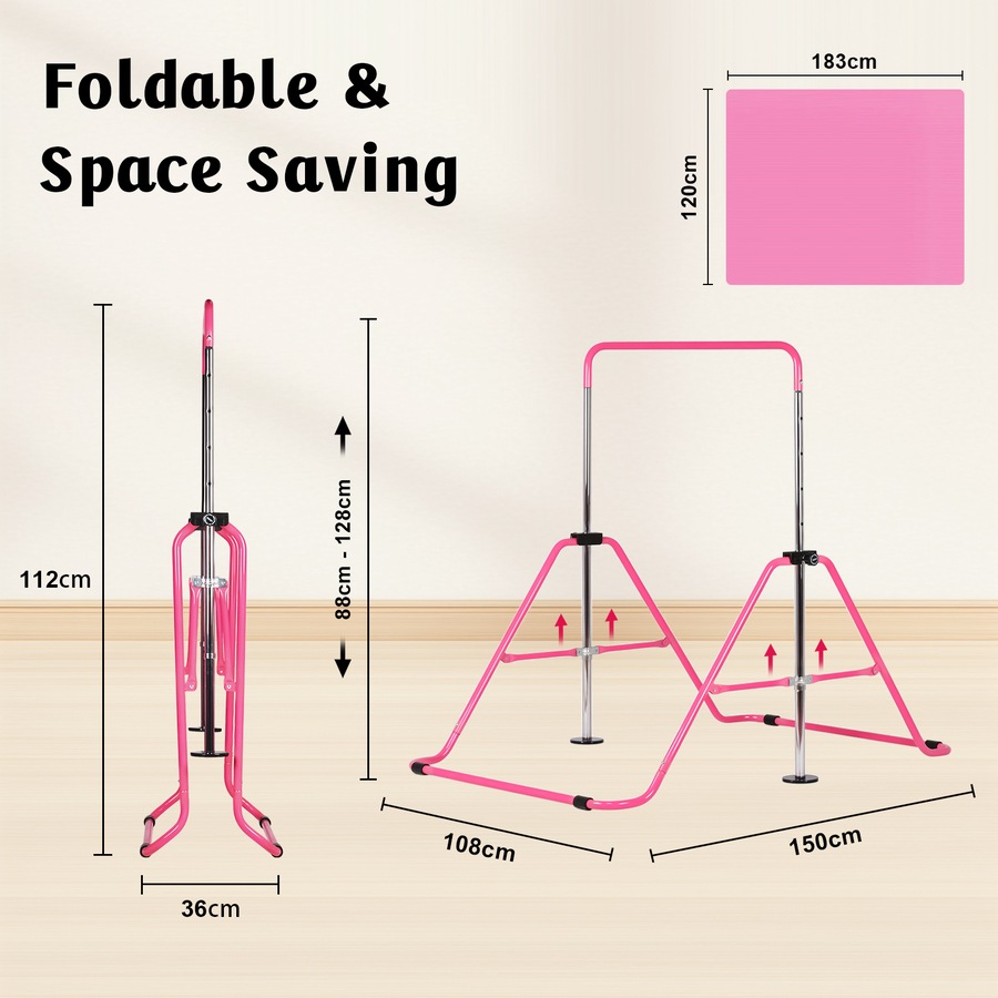 Advwin Foldable Gymnastics Bar, Expandable Horizontal Bars with Mat & Rings, Adjustable Height Junior Training Bar Monkey Kip Bar for Kids, 70KG Max Load, Pink