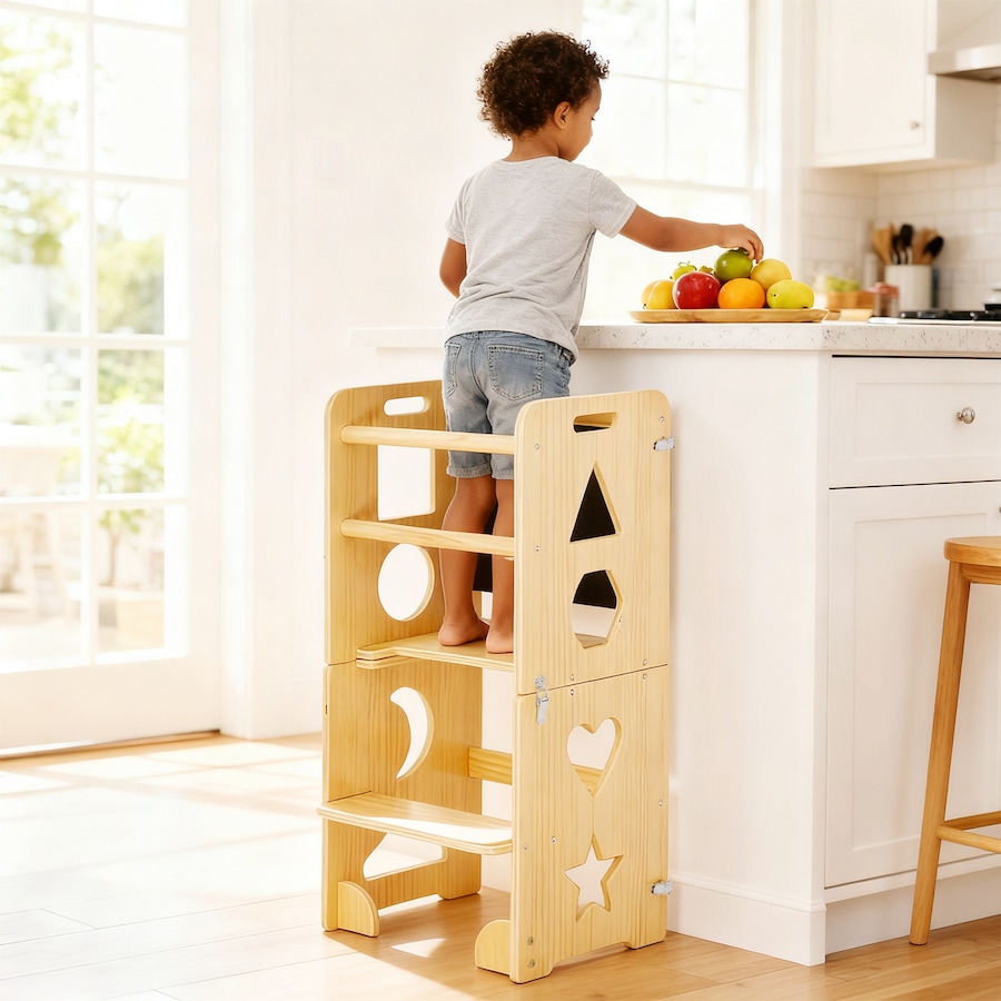 Advwin 3-in-1 Toddler Kitchen Step Stool Foldable Learning Tower with Blackboard & Safety Rail Wooden Kitchen Stool Helper for Toddler Standing Tower for Kids