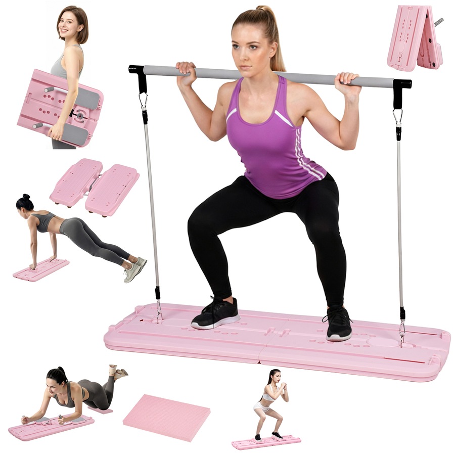 Advwin Foldable Pilates Reformer Board w/Back Storage, Elbow Support,Pilates Bar, Home Ab Trainer Machine Pink