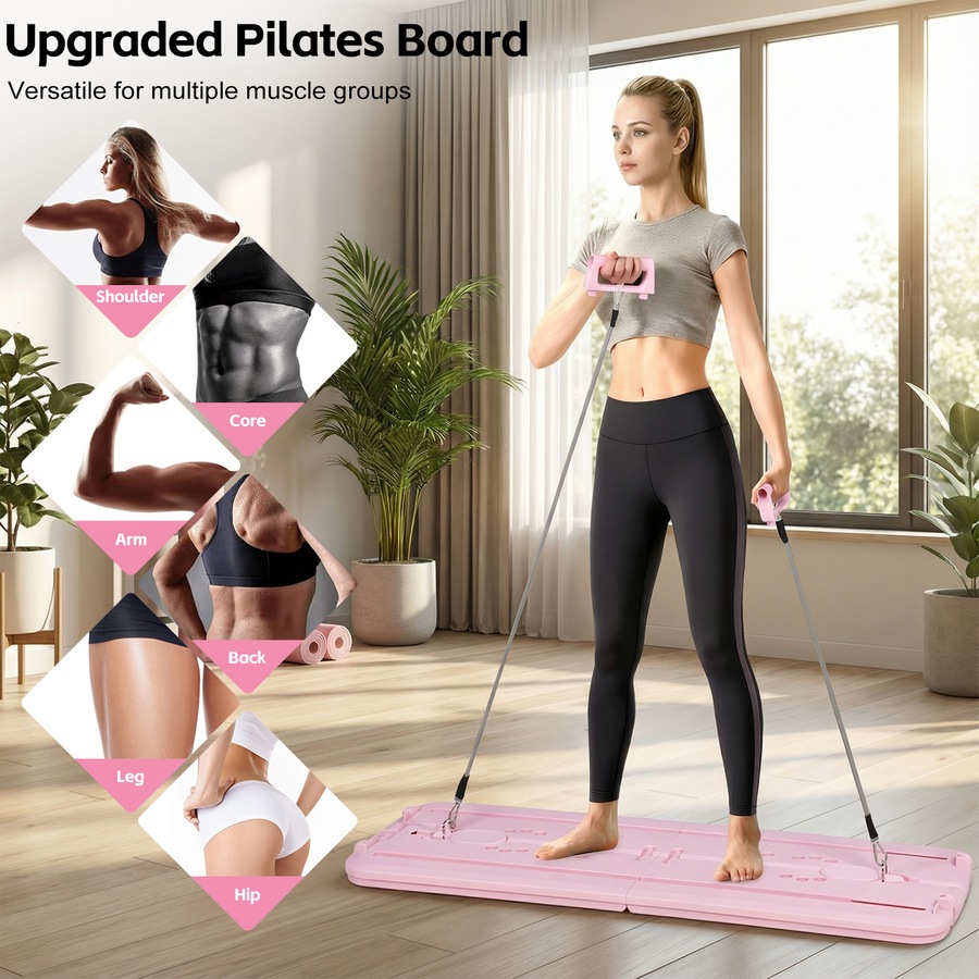 Advwin Foldable Pilates Reformer Board w/Back Storage, Elbow Support,Pilates Bar, Home Ab Trainer Machine Pink