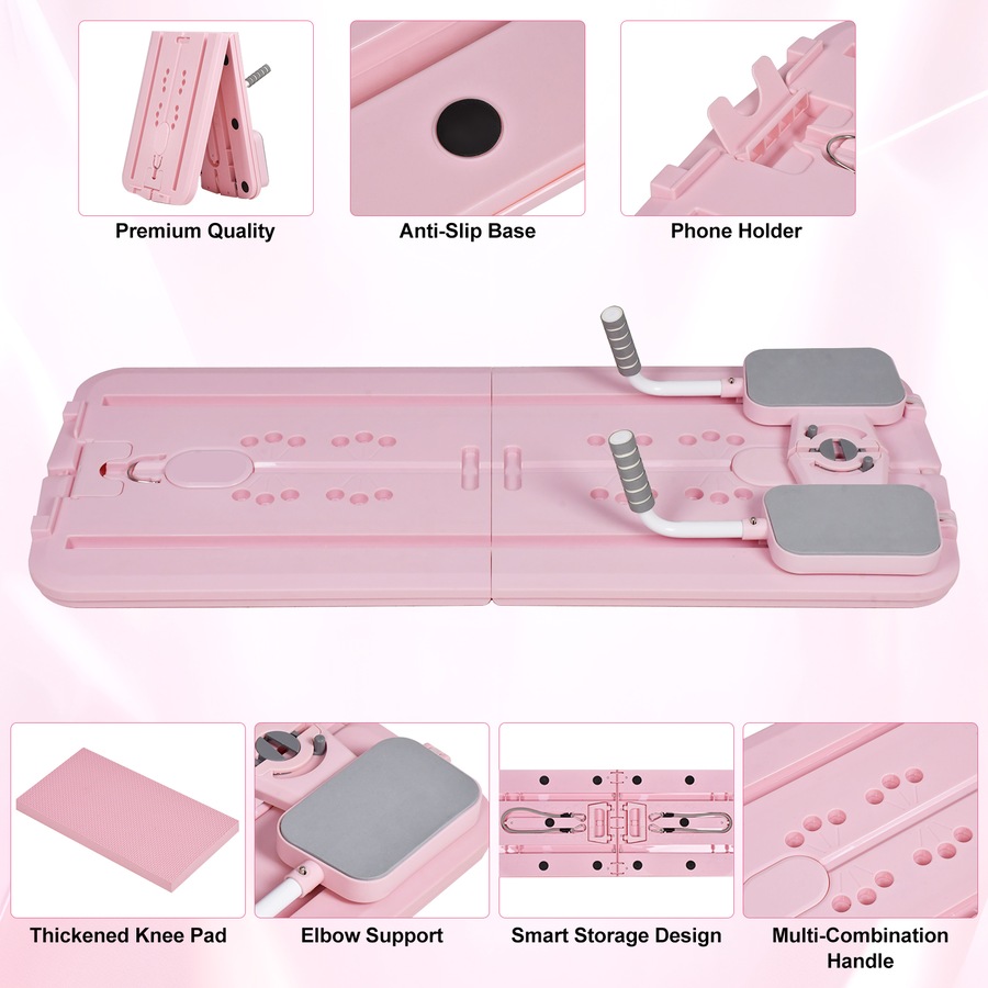 Advwin Foldable Pilates Reformer Board w/Back Storage, Elbow Support,Pilates Bar, Home Ab Trainer Machine Pink