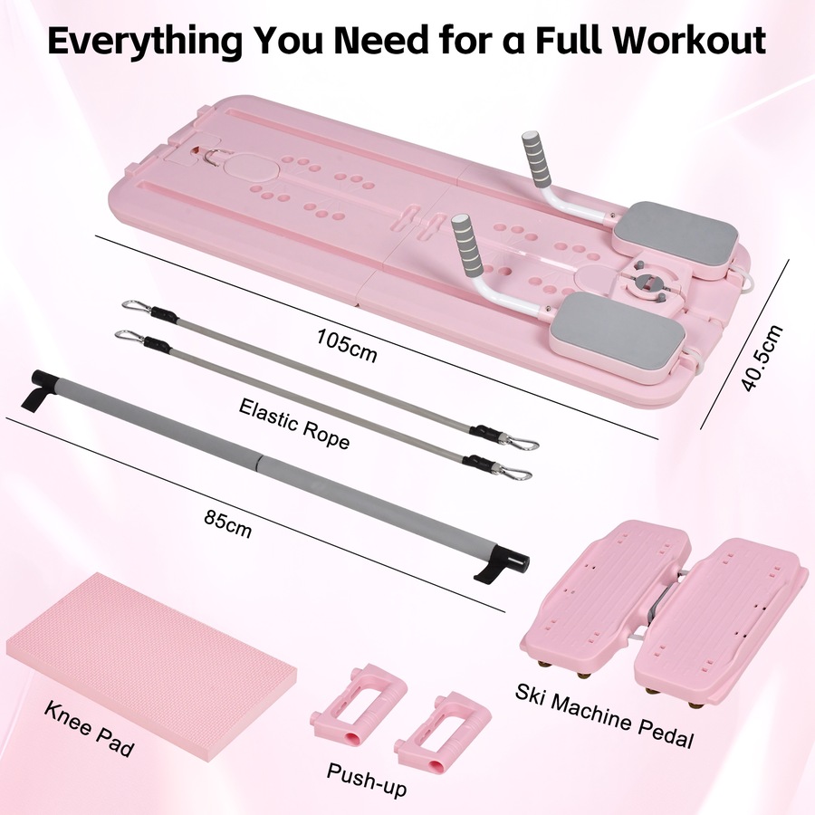 Advwin Foldable Pilates Reformer Board w/Back Storage, Elbow Support,Pilates Bar, Home Ab Trainer Machine Pink