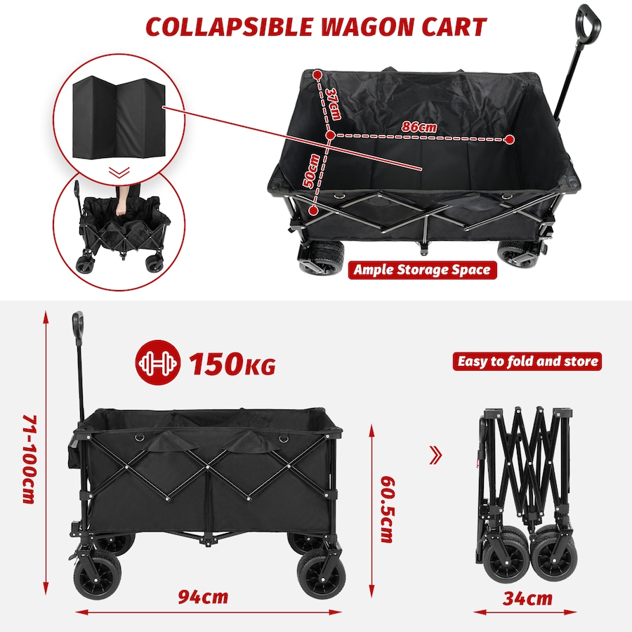 Advwin Foldable Wagon Cart 200L/150KG Garden Trolley Outdoor Trailer 4" Wheels w/Brake