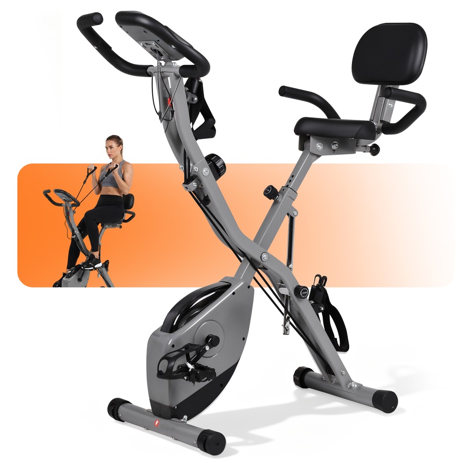 Advwin Folding Exercise Bike, Foldable Stationary Bike for Home Gym Workout w/Back Support, Indoor Cycling Magnetic Bike w/16 Level Adjustable Resistance, Wheels, Pulse Sensor, 120kg Capacity