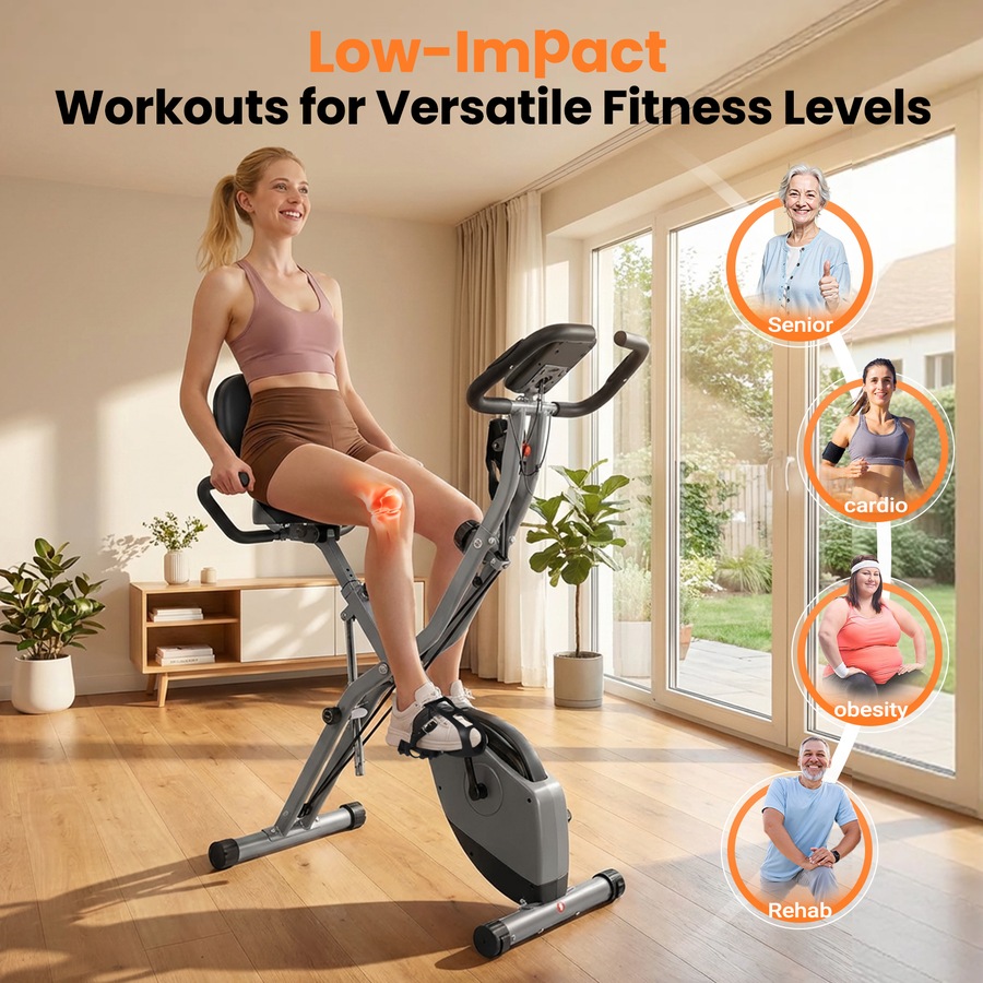 Advwin Folding Exercise Bike, Foldable Stationary Bike for Home Gym Workout w/Back Support, Indoor Cycling Magnetic Bike w/16 Level Adjustable Resistance, Wheels, Pulse Sensor, 120kg Capacity