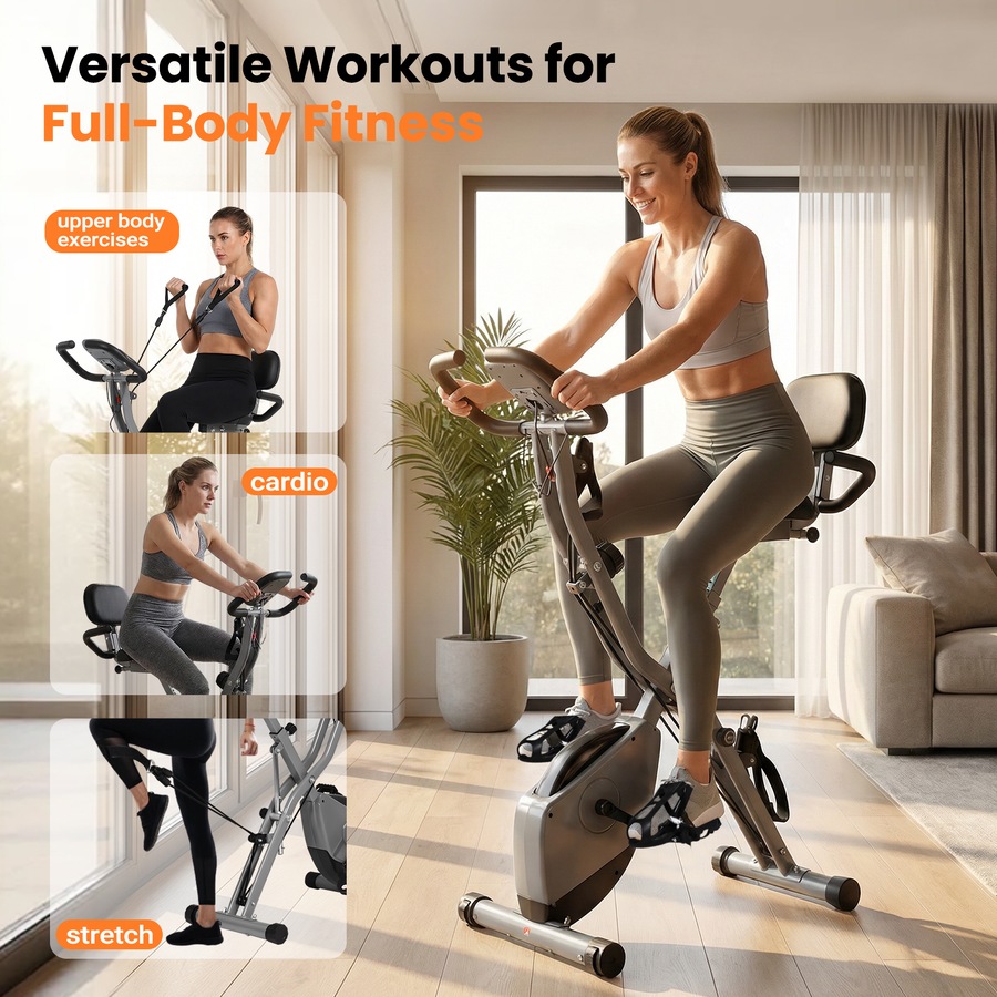 Advwin Folding Exercise Bike, Foldable Stationary Bike for Home Gym Workout w/Back Support, Indoor Cycling Magnetic Bike w/16 Level Adjustable Resistance, Wheels, Pulse Sensor, 120kg Capacity