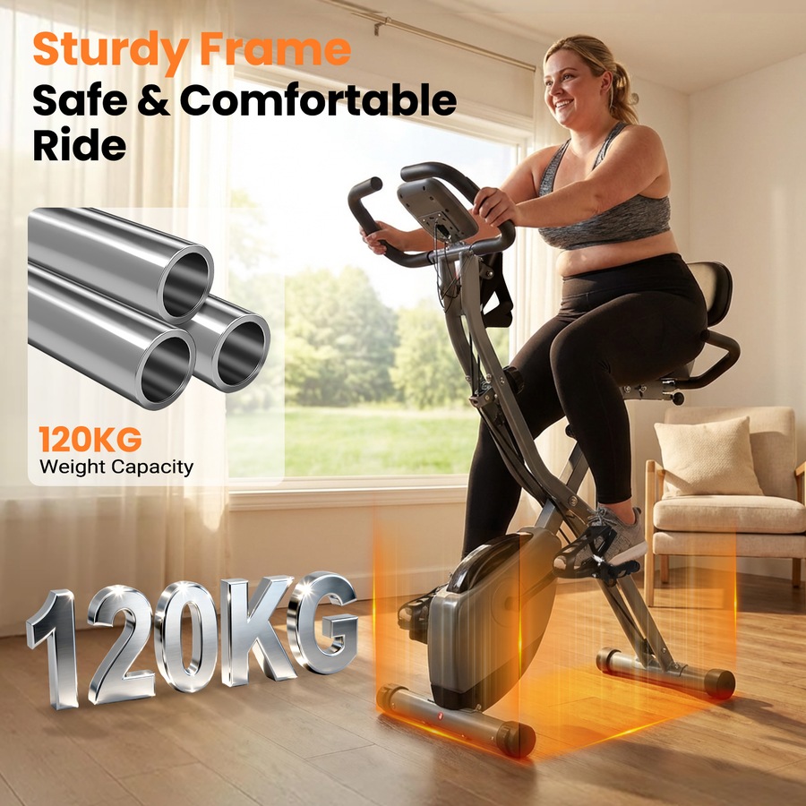 Advwin Folding Exercise Bike, Foldable Stationary Bike for Home Gym Workout w/Back Support, Indoor Cycling Magnetic Bike w/16 Level Adjustable Resistance, Wheels, Pulse Sensor, 120kg Capacity