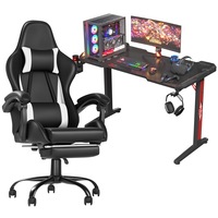 Advwin Gaming Chair Desk RGB Set Office Table Racing Seat w/Footrest(Black Desk+ White & Black Chair)