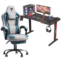 Advwin Gaming Chair Desk Set RGB Office Table Racing Seat w/Footrest(Black Desk+ Green & Grey Chair)