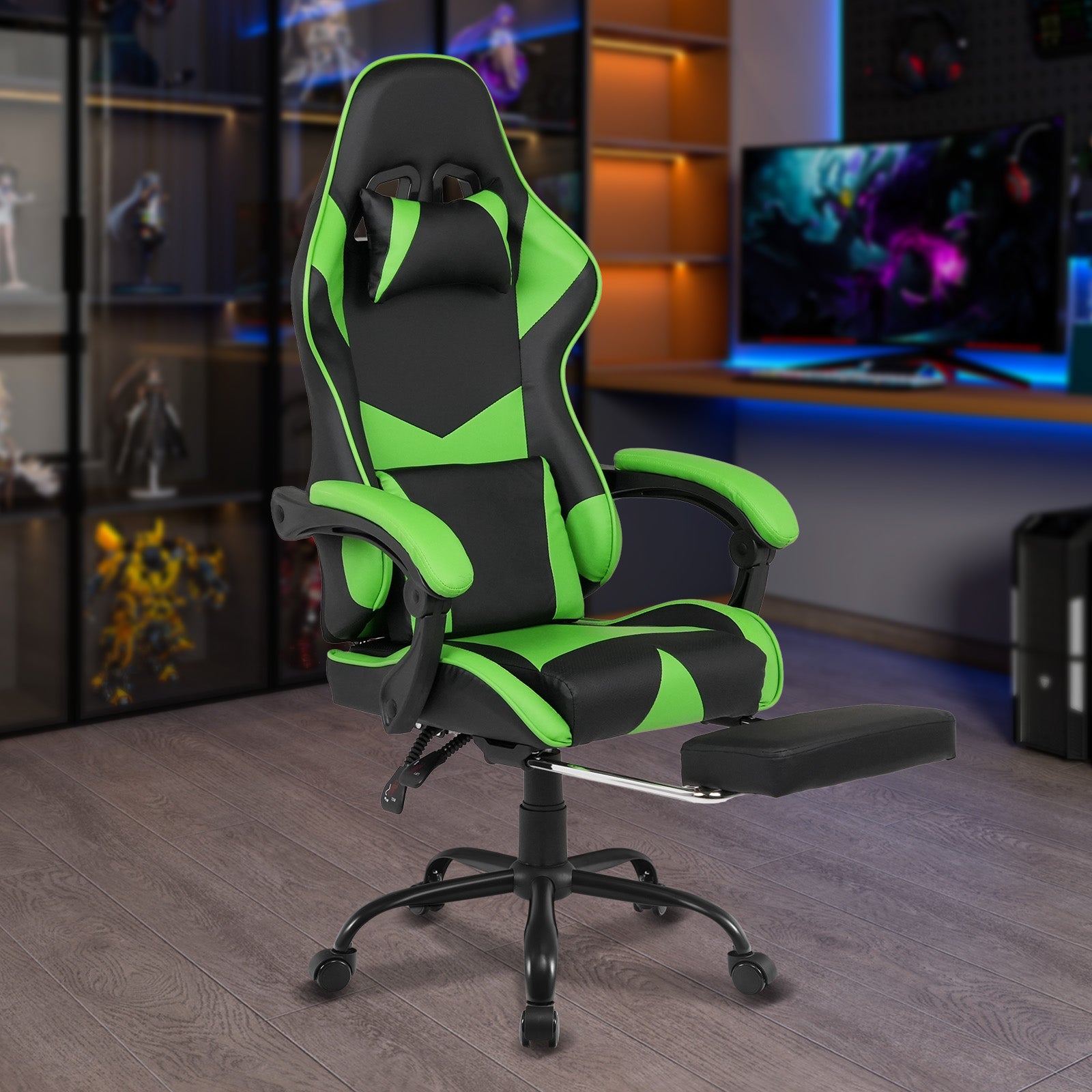 Advwin Gaming Office Chair Racing Recliner PU Leather Executive Seat with Footrest in Green & Black