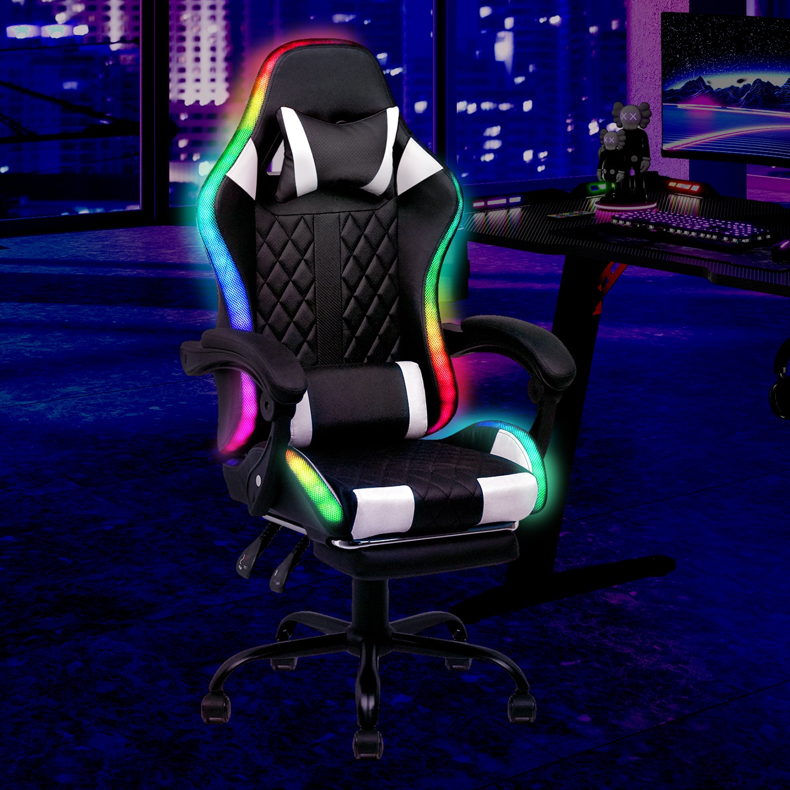Advwin Gaming Chair 12 RGB LED Massage Ergonomic Executive Office Chair Computer Racing Recliner Footrest Seat Black & White