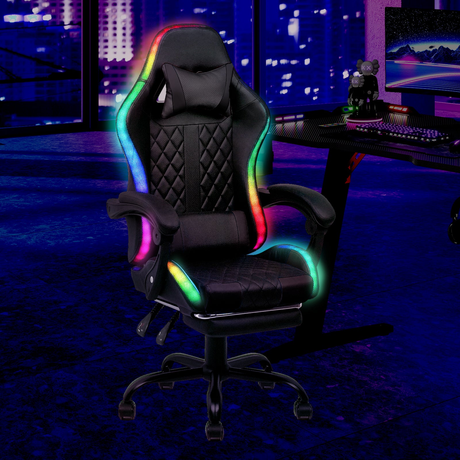 Advwin Gaming Chair 12 RGB LED Massage Ergonomic Executive Office Chair Computer Racing Recliner Footrest Seat Black