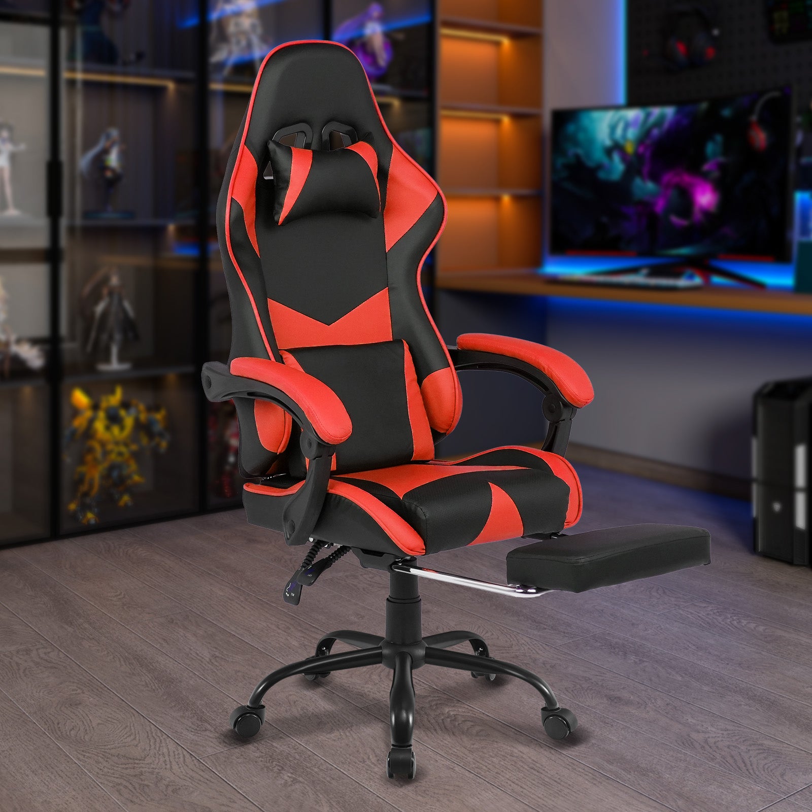 Advwin Gaming Office Chair Racing Recliner Ergonoric Support Seat with Footrest PU Leather in Red & Black