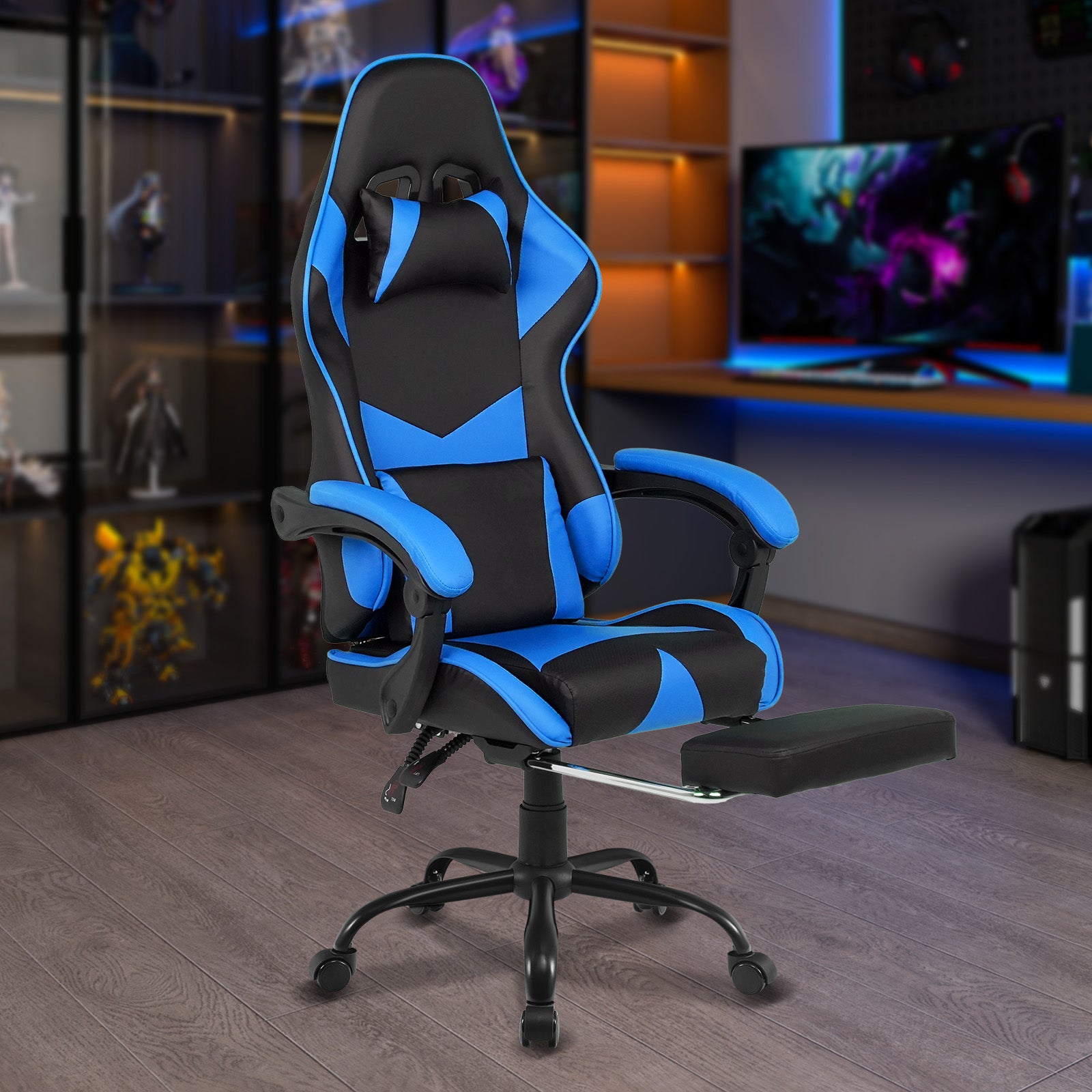 Advwin Gaming Chair Ergonomic office Chair Racing Recliner with Footrest Blue