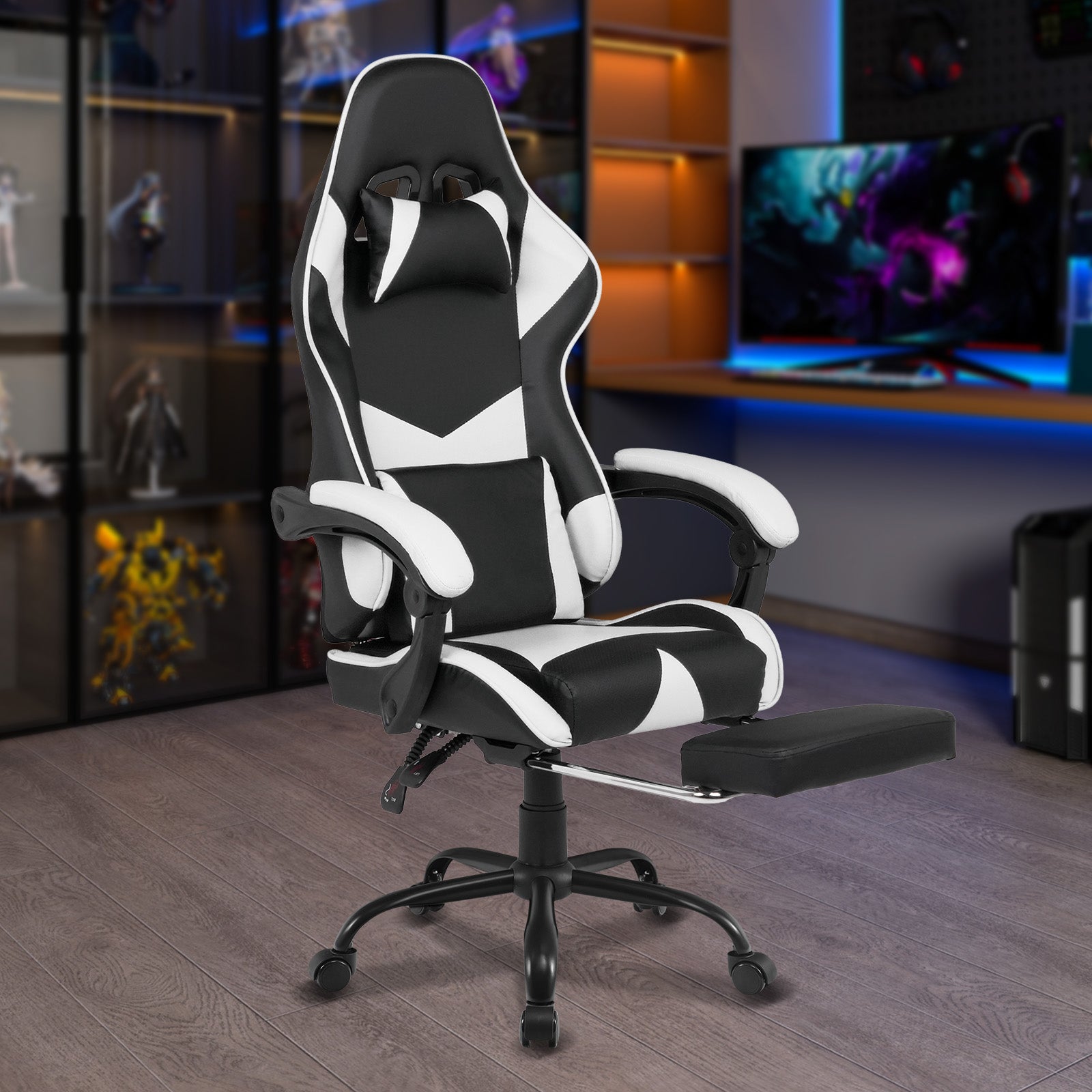 Advwin Gaming Chair Racing Recliner Ergonomic Office Chair PU Leather Seat with Footrest White