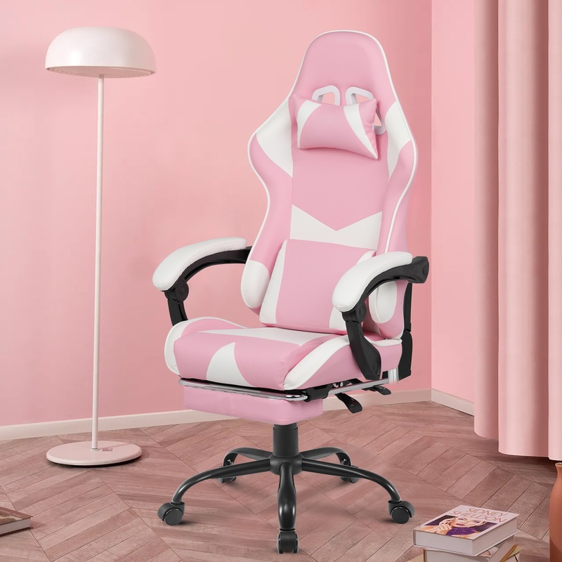 Buy PU Leather Racing Gaming Office Chair with Footrest in Pink MyDeal
