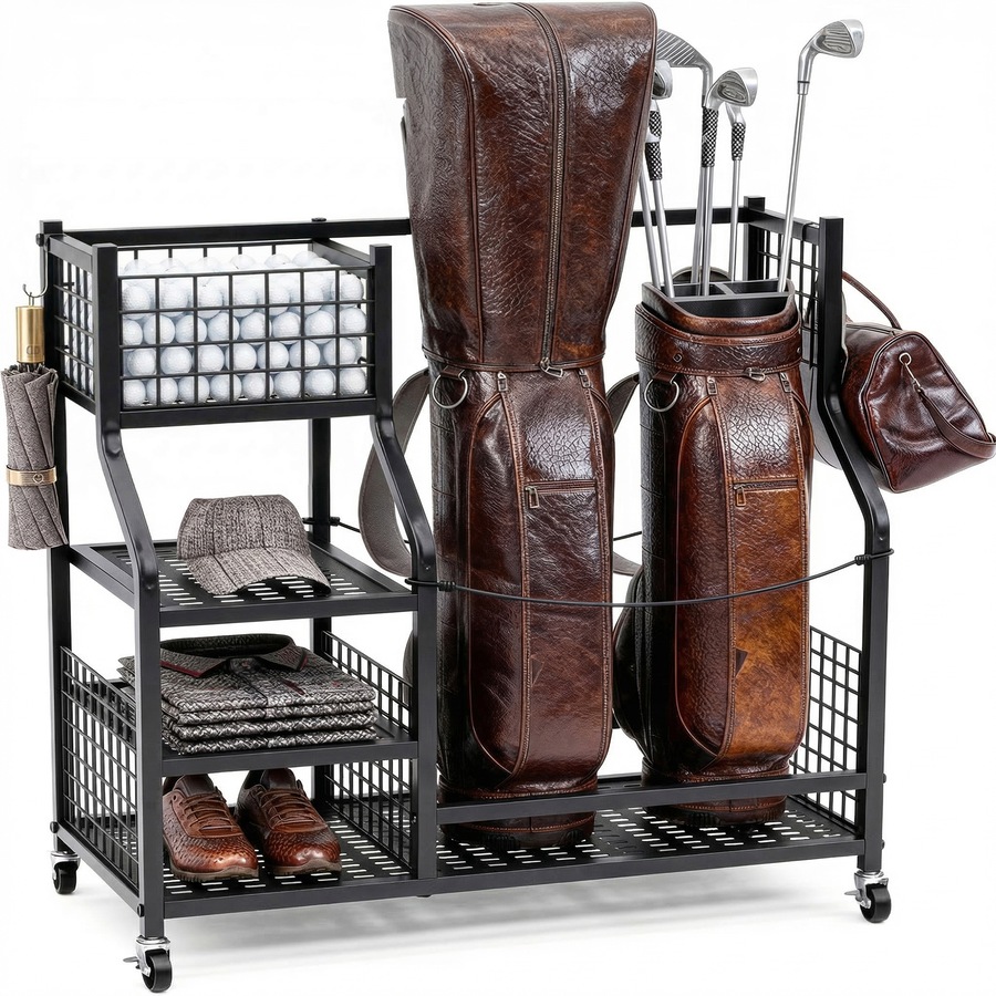 Advwin Golf Bag Storage Organiser with Lockable Wheels, Heavy Duty Rolling Golf Club Rack Holder for Garage, Includes Shelves, Hooks & Straps, Fits 2 Bags