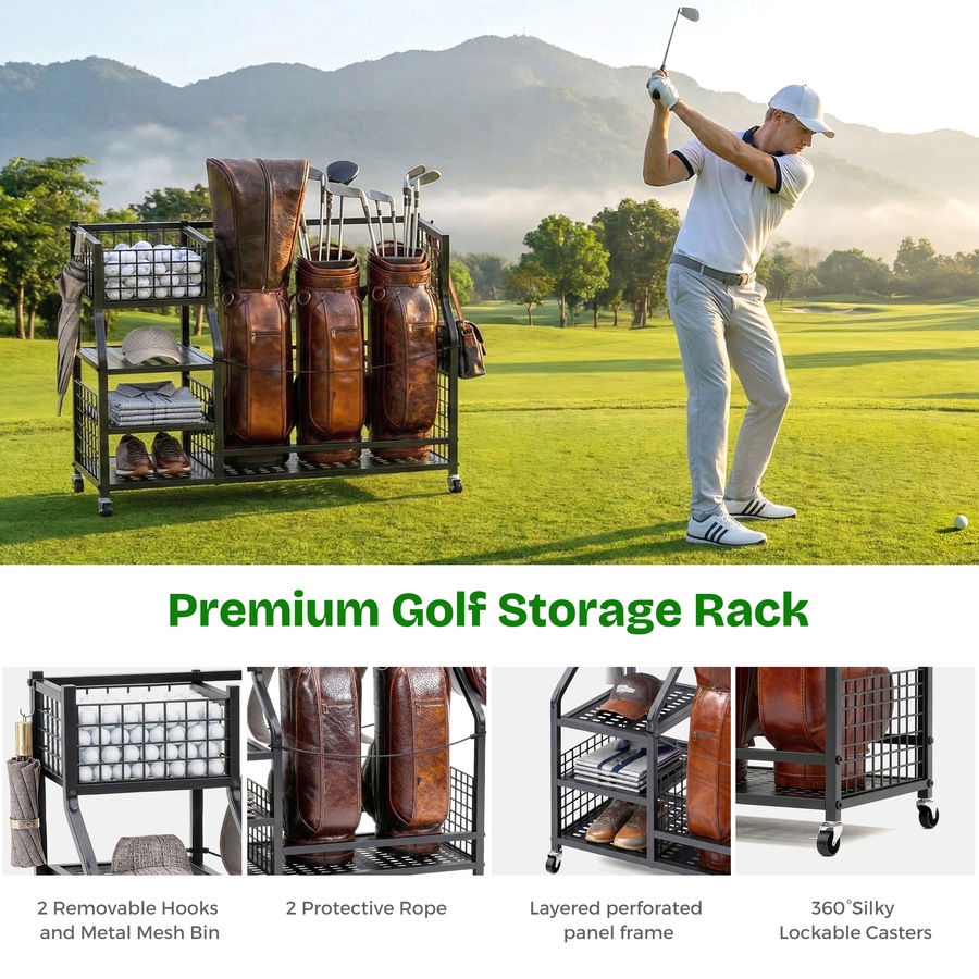 Advwin Golf Bag Storage Organiser with Lockable Wheels, Heavy Duty Rolling Golf Club Rack Holder for Garage, Includes Shelves, Hooks & Straps, Fits 2 Bags