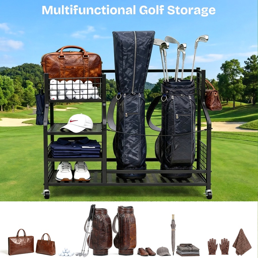 Advwin Golf Bag Storage Organiser with Lockable Wheels, Heavy Duty Rolling Golf Club Rack Holder for Garage, Includes Shelves, Hooks & Straps, Fits 2 Bags