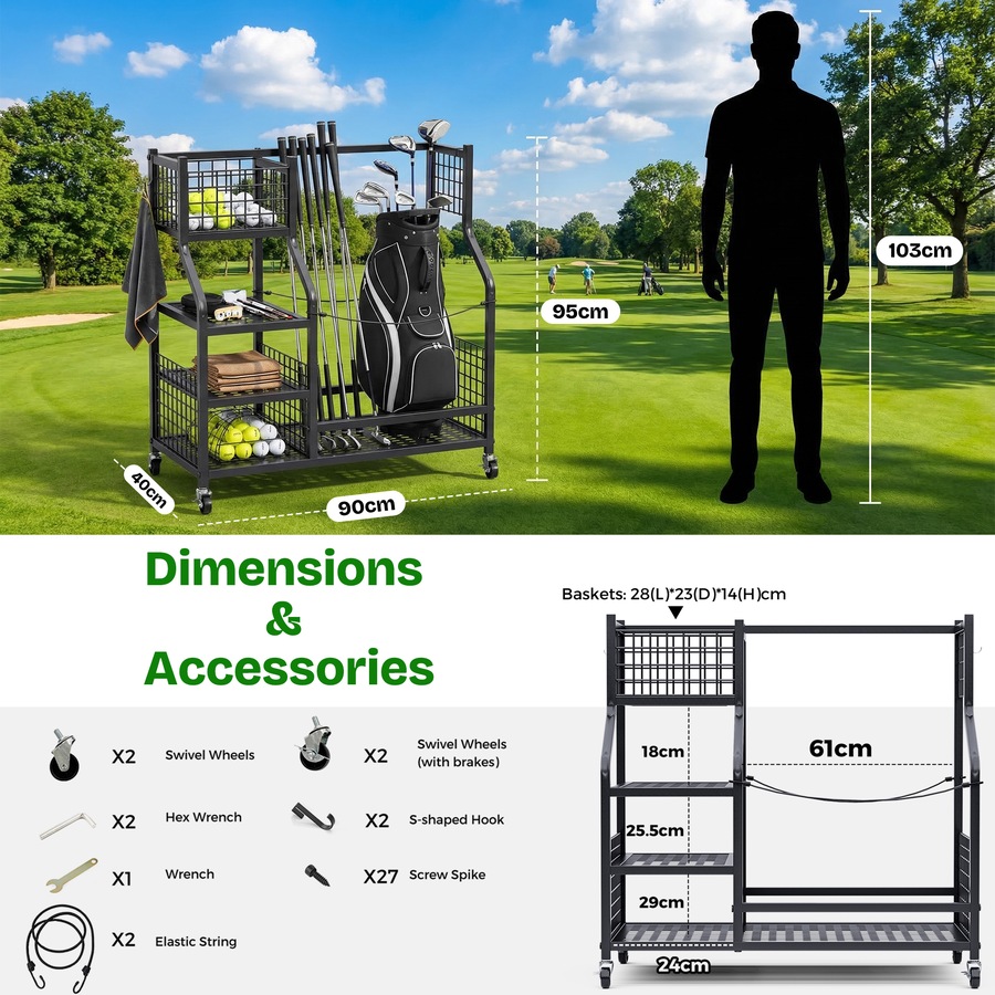 Advwin Golf Bag Storage Organiser with Lockable Wheels, Heavy Duty Rolling Golf Club Rack Holder for Garage, Includes Shelves, Hooks & Straps, Fits 2 Bags