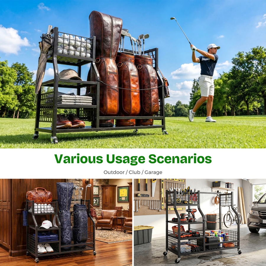 Advwin Golf Bag Storage Organiser with Lockable Wheels, Heavy Duty Rolling Golf Club Rack Holder for Garage, Includes Shelves, Hooks & Straps, Fits 2 Bags