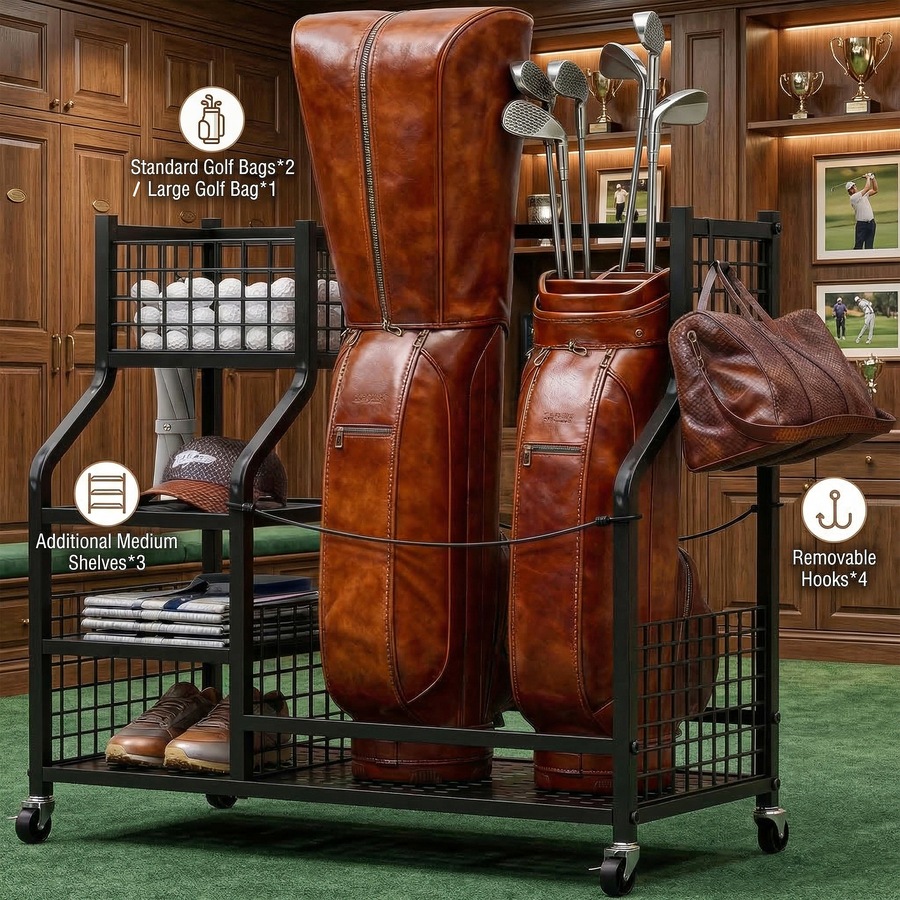 Advwin Golf Bag Storage Organiser with Lockable Wheels, Heavy Duty Rolling Golf Club Rack Holder for Garage, Includes Shelves, Hooks & Straps, Fits 2 Bags