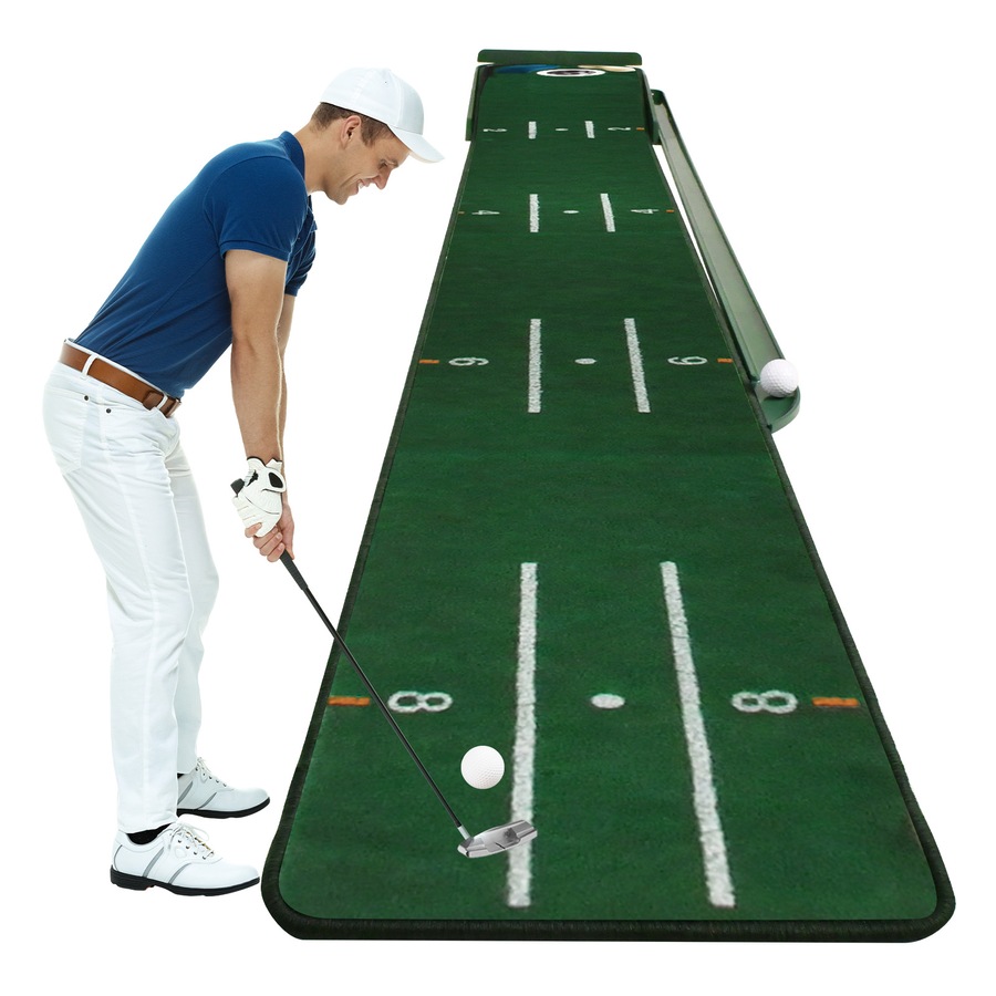 Advwin Golf Putting Mat, Foldable Golf Practice Mat with Auto Ball Return & 3 Holes, Indoor Practice Green Set with Distance Markers - Perfect Gift for Golfers