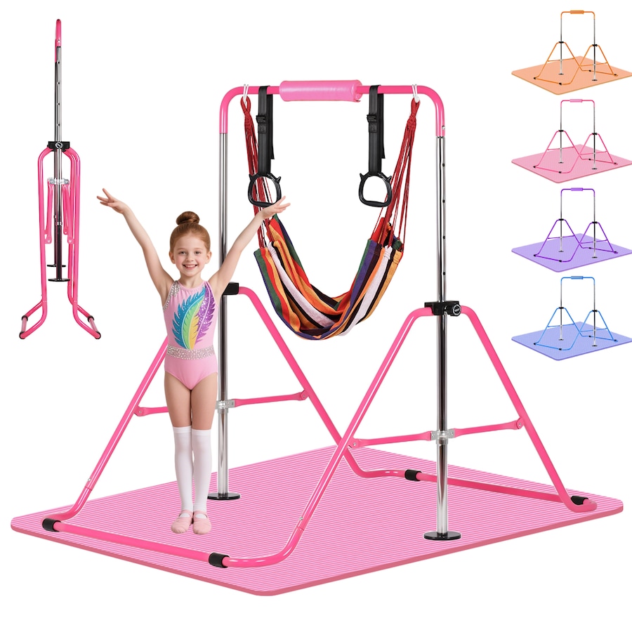 Advwin Gymnastics Bar for Kids with Mat/Rings/Swing, Foldable Horizontal Bars with 5 Adjustable Height Pink