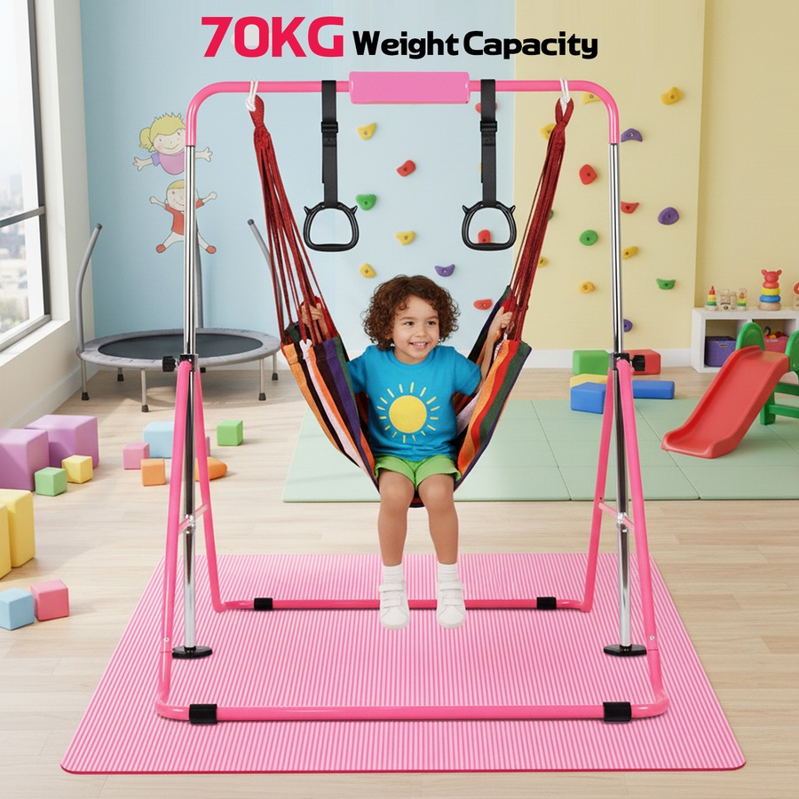 Advwin Gymnastics Bar for Kids with Mat/Rings/Swing, Foldable Horizontal Bars with 5 Adjustable Height Pink