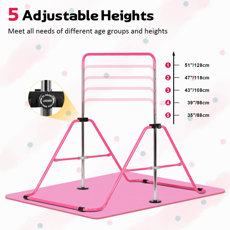 Advwin Gymnastics Bar for Kids with Mat/Rings/Swing, Foldable Horizontal Bars with 5 Adjustable Height Pink